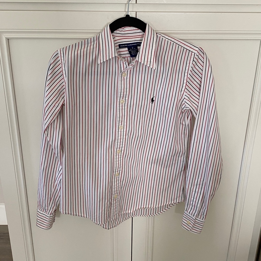 Ralph Lauren White Button-Down Shirt with Red & Blue Pinstripes